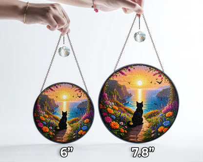 Netecom Memorial Stained Glass Suncatcher, Pet Loss Sympathy Gift, Flower Glass Art Window Hanging, Cat Lover Gift