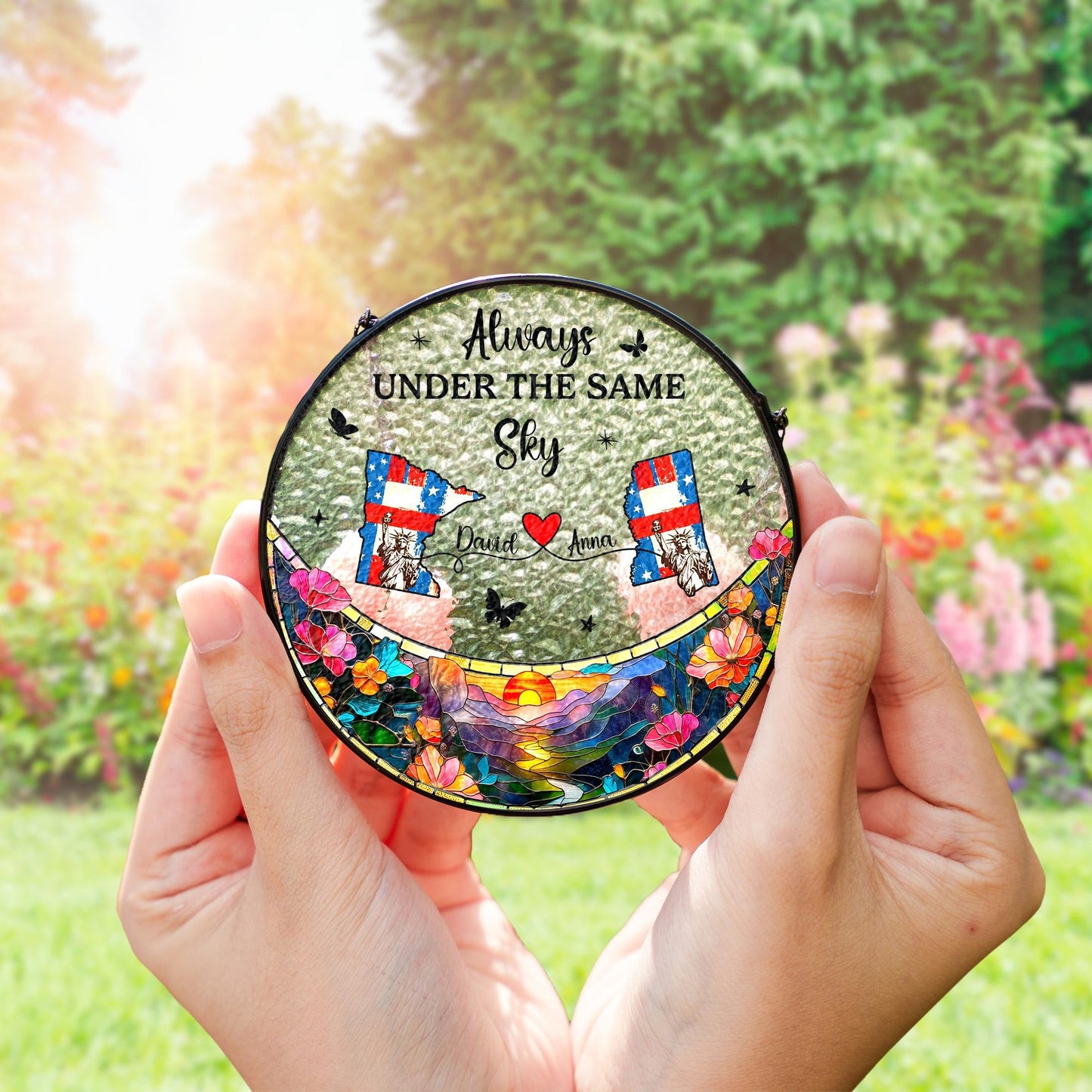 Netecom Personalized Long Distance Stained Glass Suncatcher, Always Under the Same Sky Gift, Long Distance Friendship Keepsake, Sister Best Friend