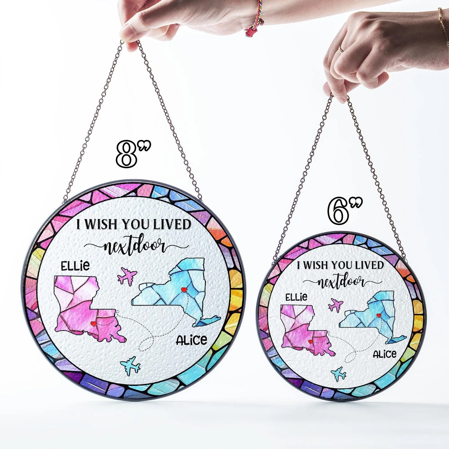 Netecom Personalized Long Distance Friendship Suncatcher – Custom Stained Glass Decor, Best Friend Gift, Sister Keepsake, State to State Connection