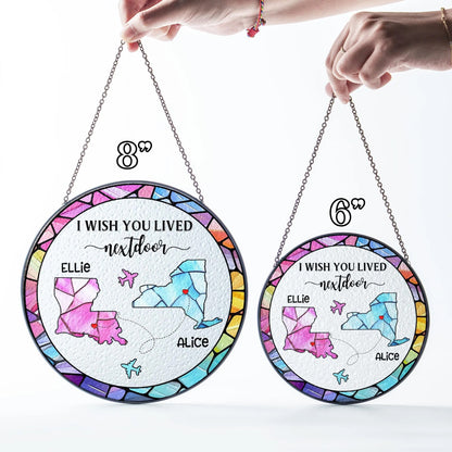 Netecom Personalized Long Distance Friendship Suncatcher – Custom Stained Glass Decor, Best Friend Gift, Sister Keepsake, State to State Connection
