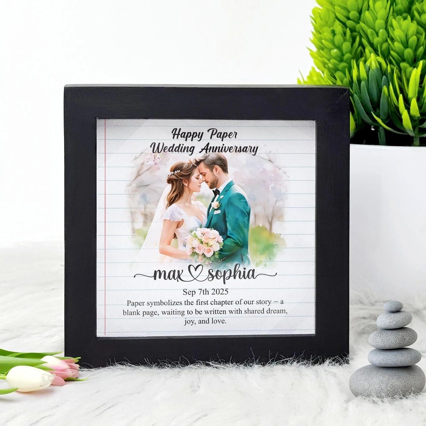 Netecom Personalized Paper Wedding Anniversary Frame, 1st Anniversary Gift for Wife or Husband, Custom Photo Wooden Frame with Names Date Quote, Traditional Paper Anniversary Keepsake