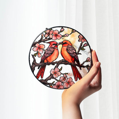 Netecom Red Cardinal Stained Glass Suncatcher – Floral Window Hanging, Cardinal Lover Gift, Anniversary Decoration, Nature-Inspired Glass Art