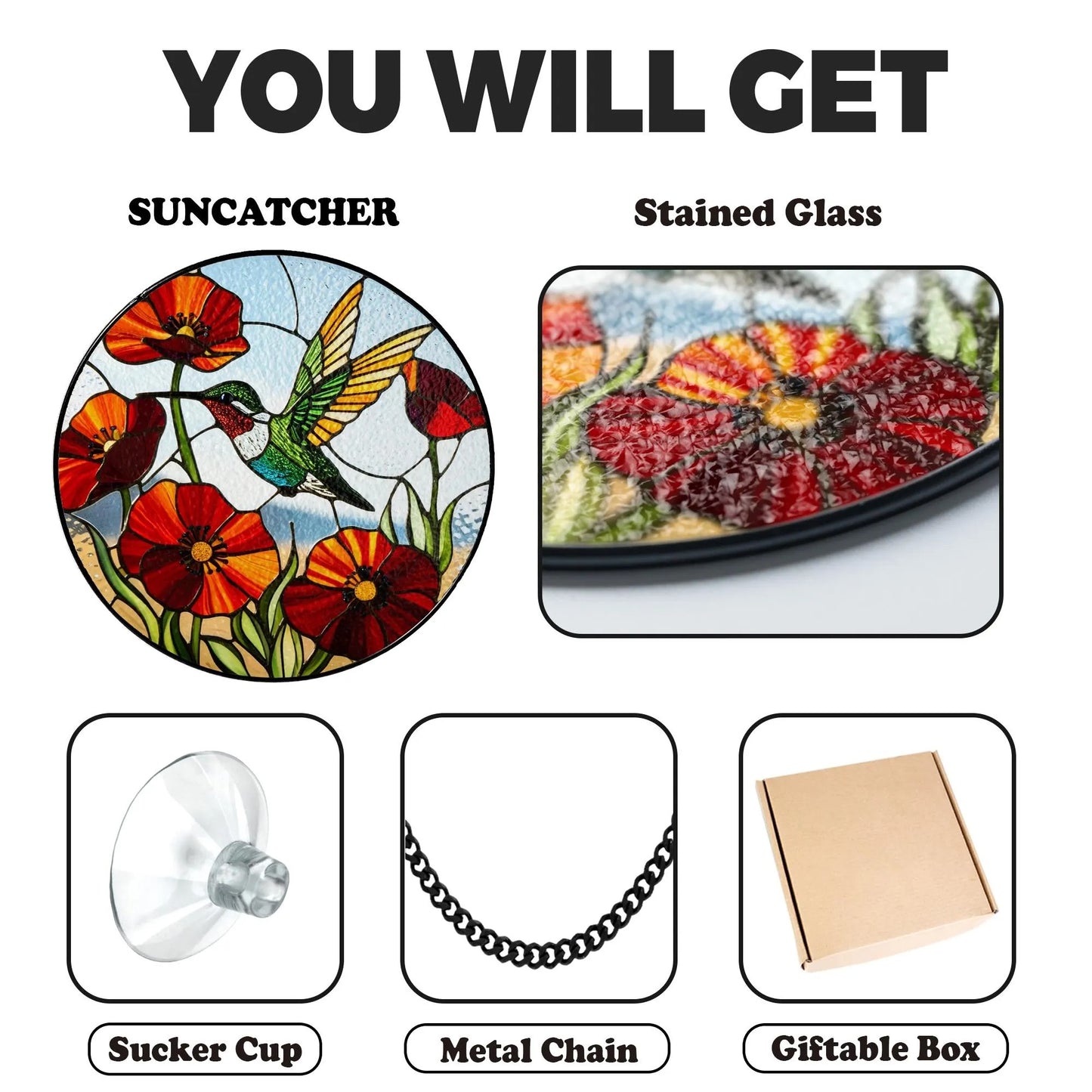 Netecom Hummingbird Poppy Flower Stained Glass Suncatcher – Bird Glass Art, Nature-Inspired Window Hanging, Gift for Hummingbird Lovers