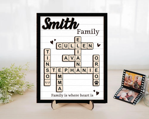 Netecom Personalized Scrabble Family Name Frame Crossword Puzzle Sign with Grandkids Names Custom Wooden Gift for Grandparents Home Decor