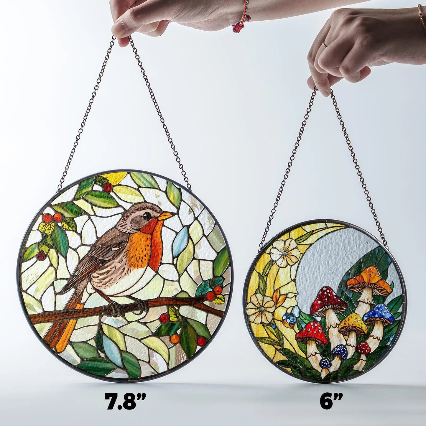 Netecom Robin Bird Stained Glass Suncatcher – Round Window Hanging Decor, Garden Lovers, Nature Bird Art Gift for Mom Grandma