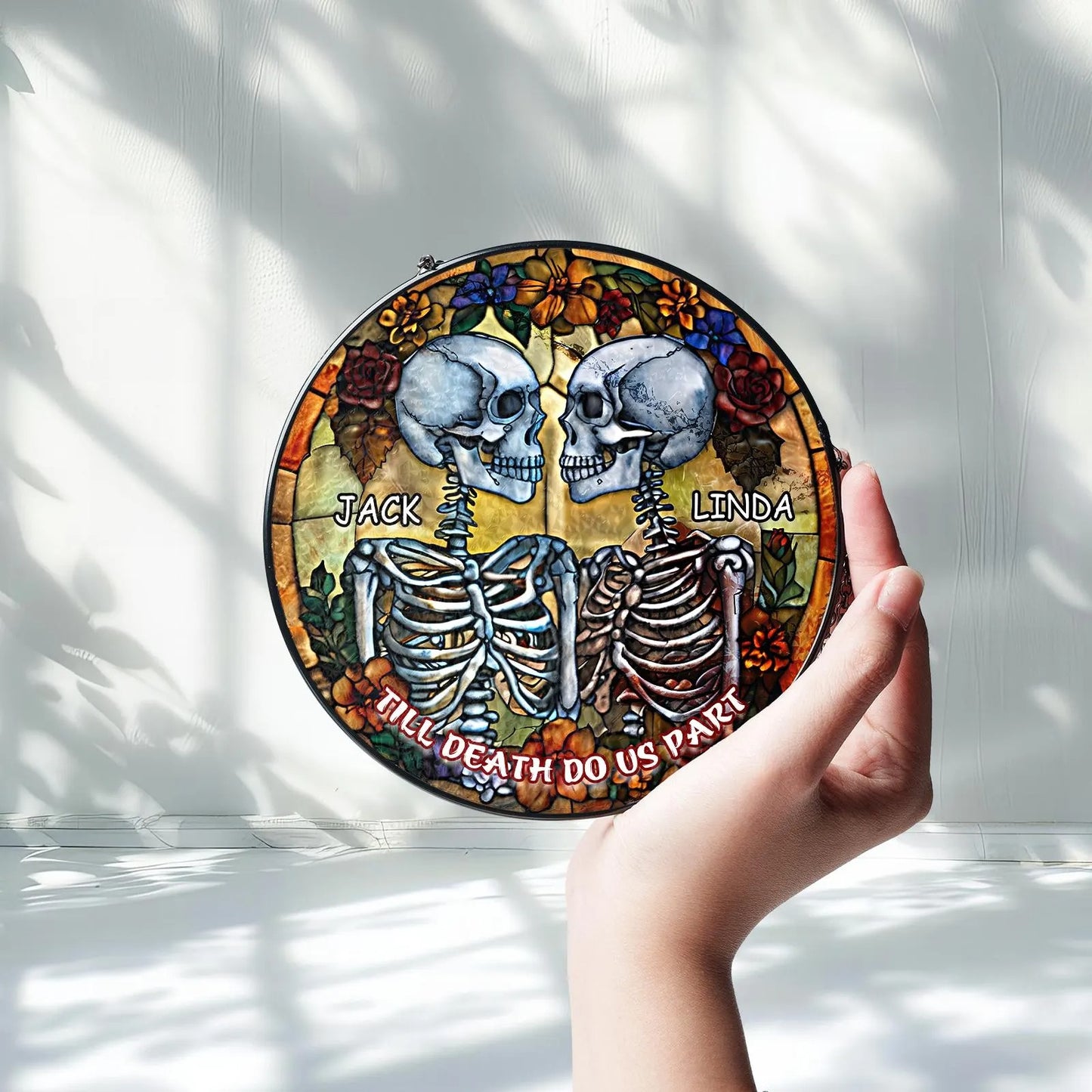 Netecom Couple Skeleton Stained Glass Suncatcher – Dark Romance Gothic Wedding Gift, Till Death Do Us Part, Valentine’s Day & Anniversary Gift for Him Her
