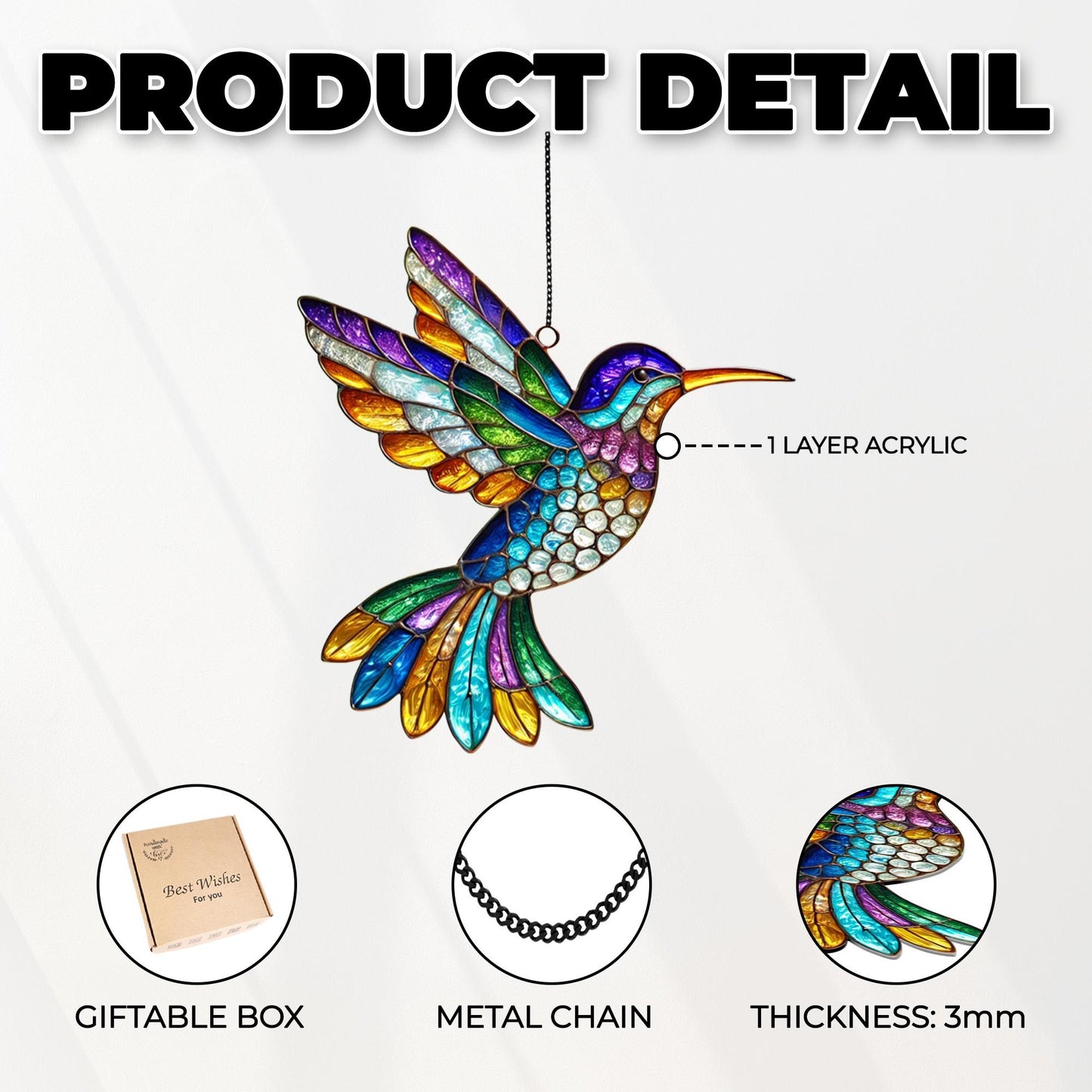 Netecom Hummingbird Acrylic Suncatcher Window Hanging, Colorful Bird Wildflower Decor, Nature Lover Gift