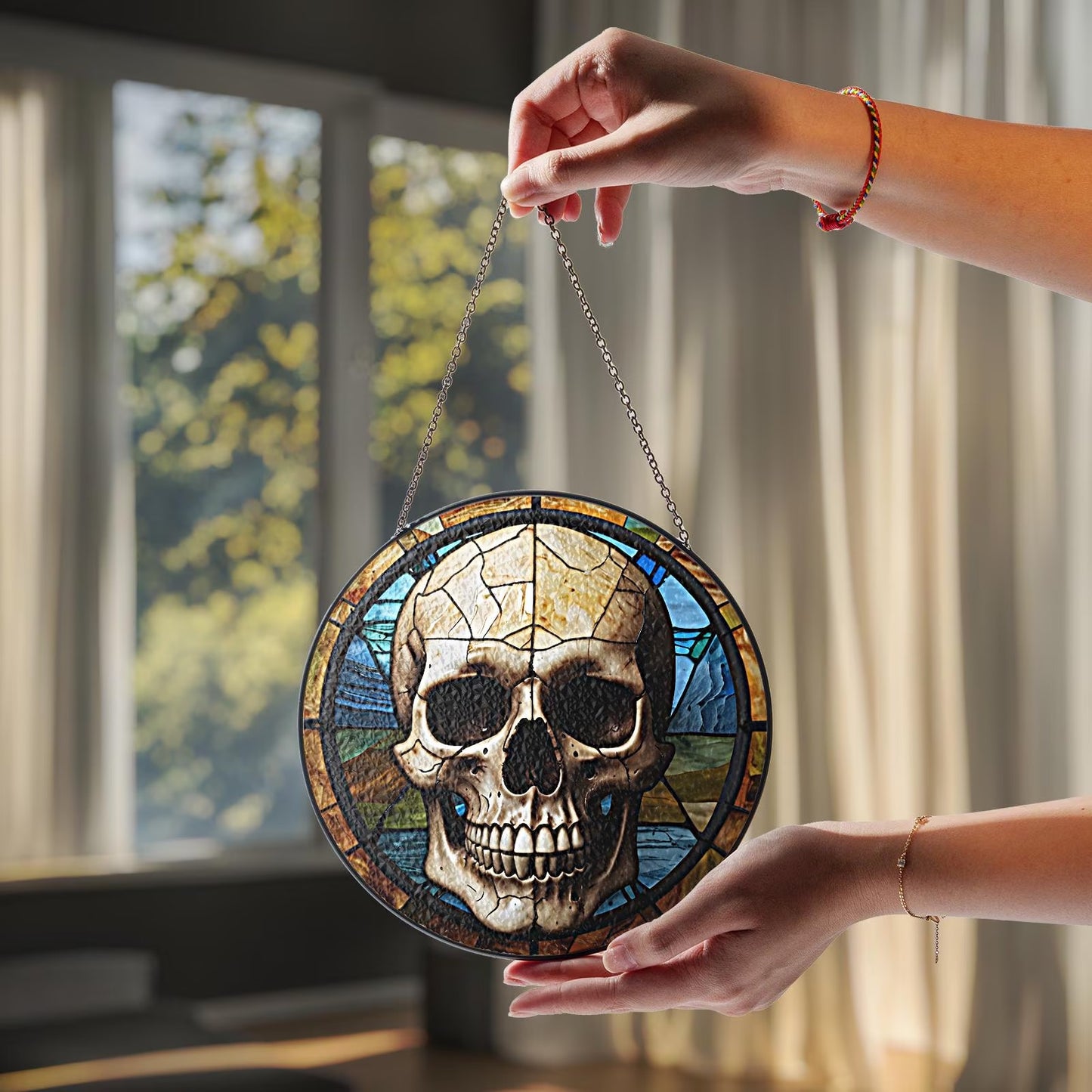 Netecom Gothic Skull Skeleton Stained Glass Suncatcher, Dark Romance Halloween Gift, Spooky Wedding Decor, Unique Anniversary Christmas Gift for Him and Her
