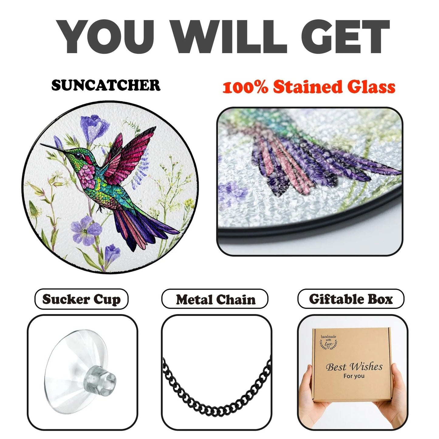 Netecom 8" Hummingbird Stained Glass Suncatcher – Bird Lover Gift, Window Hanging, Mothers Day Gift, Bird Wall Art, Grandma Gift, Nature Decor