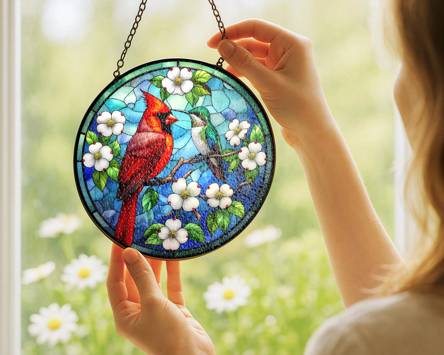 Netecom Cardinal Hummingbird Stained Glass Suncatcher – Window Hanging, Bird Lover Gift, Memorial Suncatcher, Elegant Home Decor, Memorial Gift for Women