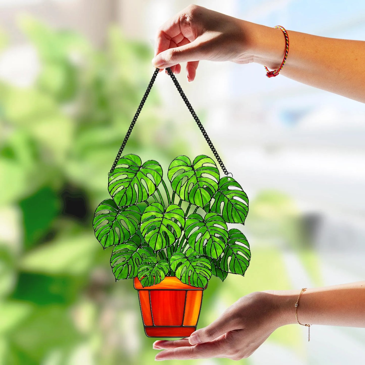 Netecom Monstera Leaves Acrylic Suncatcher – Faux Stained Glass Window Hanging Decor, Plant Lover Gift, Monstera Home, Garden Decor for Men Women