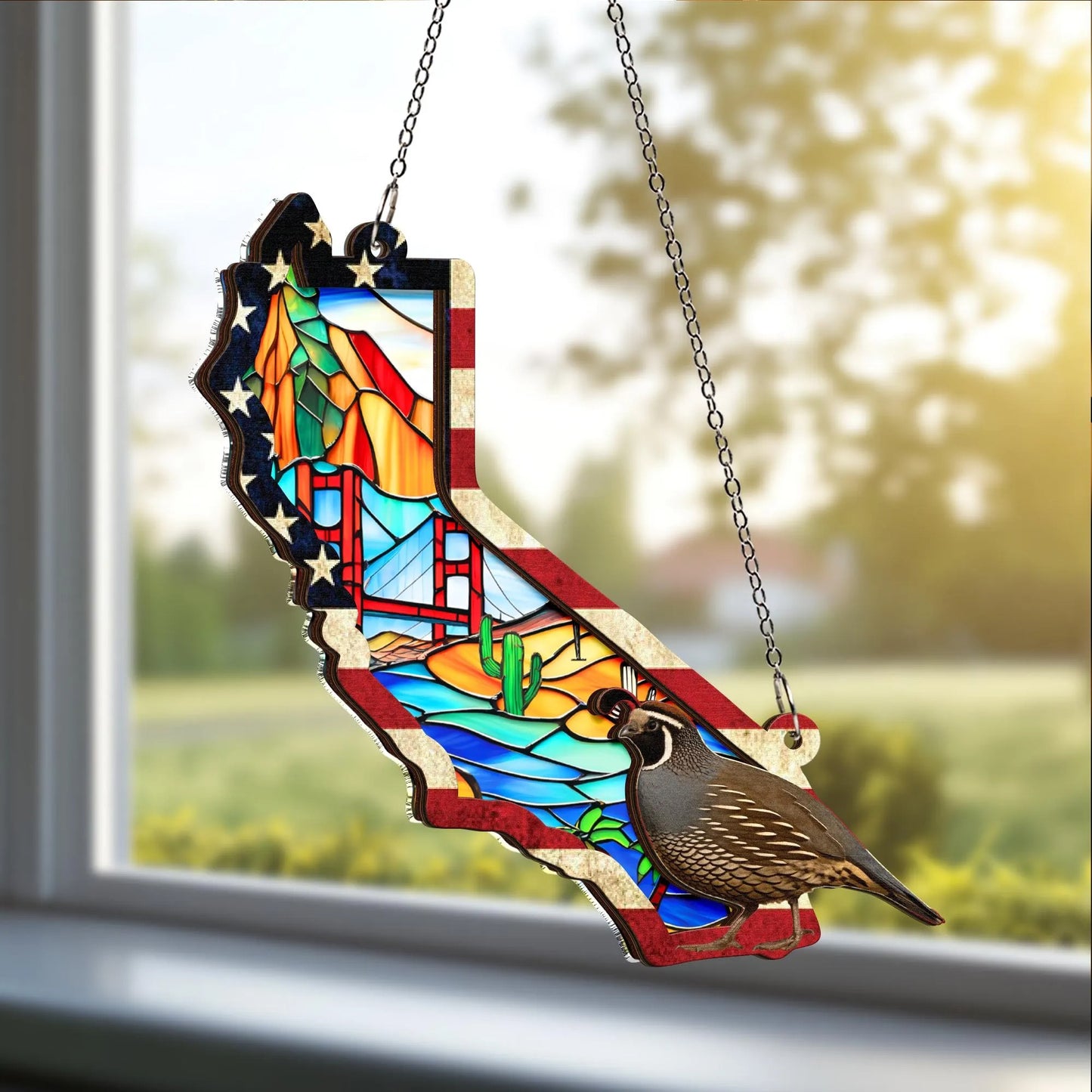 Netecom Personalized California Map Suncatcher – Quail & Golden Gate Bridge Window Hanging, West Coast Decorative Gift for Women Men Mom