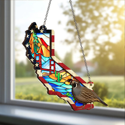 Netecom Personalized California Map Suncatcher – Quail & Golden Gate Bridge Window Hanging, West Coast Decorative Gift for Women Men Mom