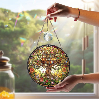 Netecom Flowers Book Stained Glass Suncatcher – Library Books Window Hanging, Bookish Home Decor, Gift for Book Lovers, Tree of Knowledge Ornament