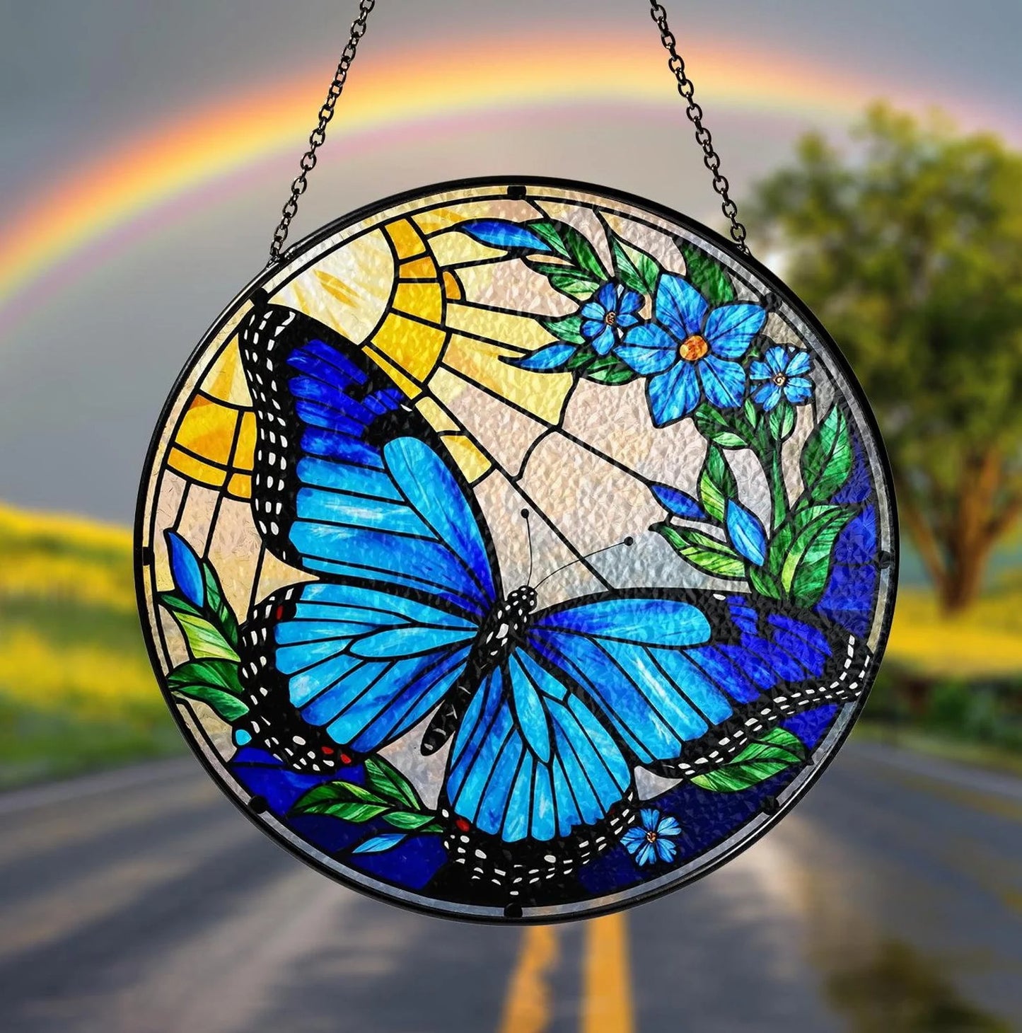 Netecom Blue Butterfly Stained Glass Suncatcher – Round Window Hanging Decor, Butterfly Lovers, Floral Sun Catcher Gift for Mom Grandma
