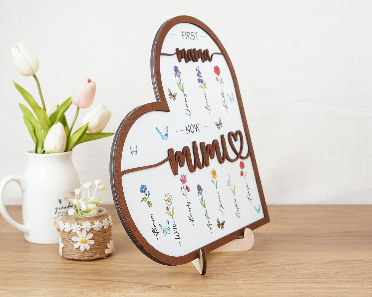 Netecom Personalized Birth Month Flowers Sign Custom Mother's Day Gift for Mom & Nana First Mom Now Grandma Heart Wooden Sign Custom Family Gift