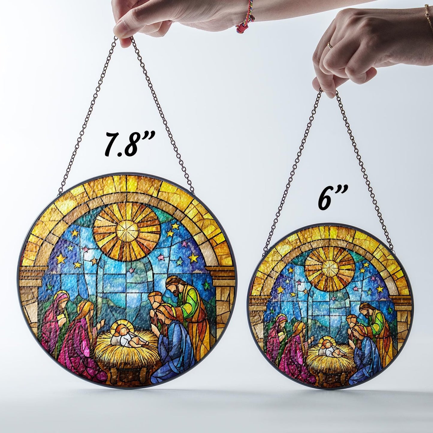 Netecom O Holy Night Window Hanging – Nativity Religious Ornament, Jesus Stained Glass Christmas Decor, Catholic Christmas Gift