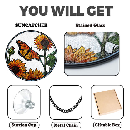 Netecom Butterfly Stained Glass Suncatcher – Sunflower & Floral Window Hanging Decor, Light Catcher Gift for Mom & Women