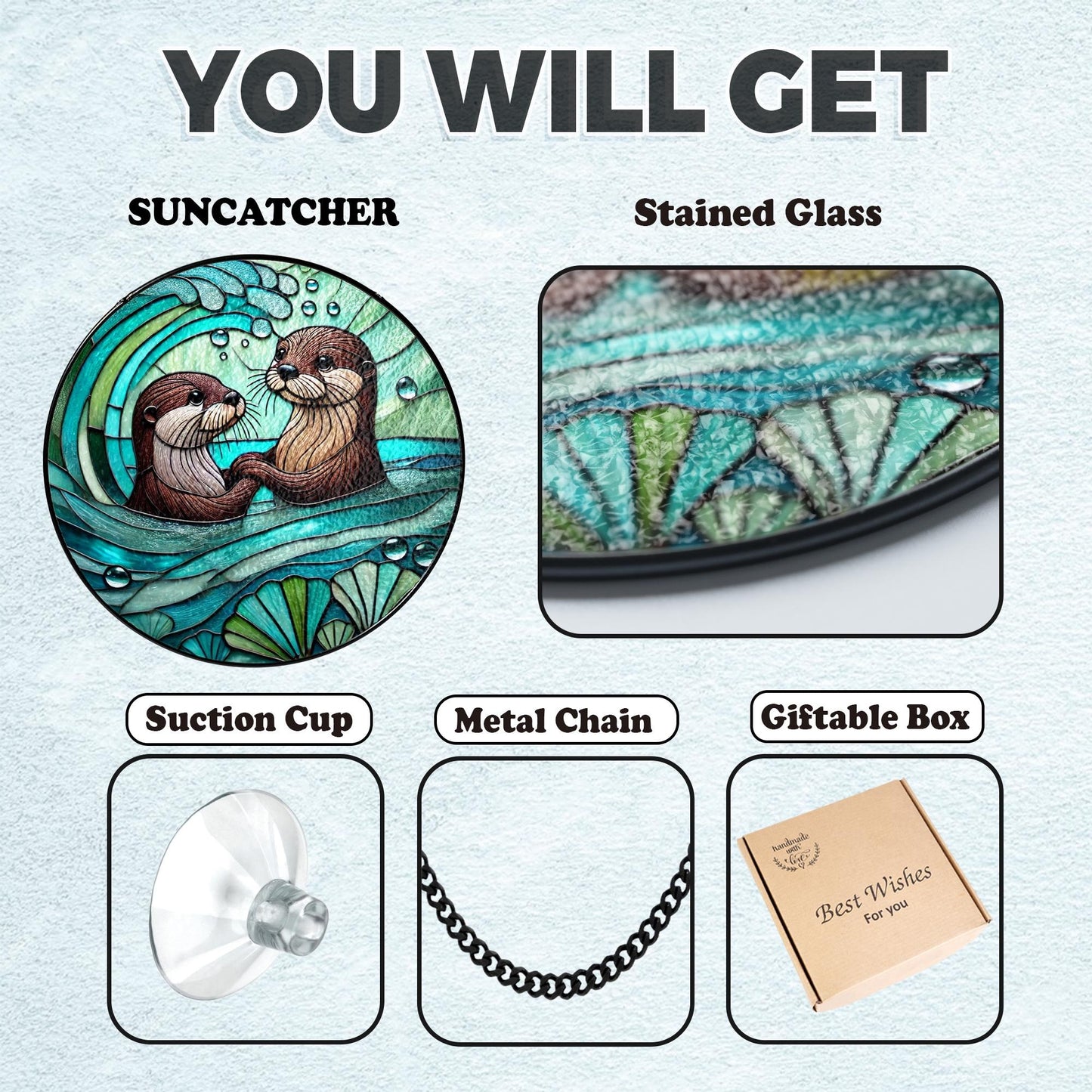 Netecom Otter Couple Stained Glass Suncatcher – Romantic Otter Lover Gift, Love Window Hanging, Anniversary and Valentine Gift for Husband Wife