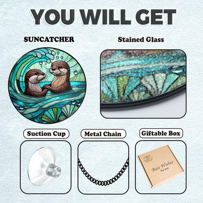 Netecom Otter Couple Stained Glass Suncatcher – Romantic Otter Lover Gift, Love Window Hanging, Anniversary and Valentine Gift for Husband Wife