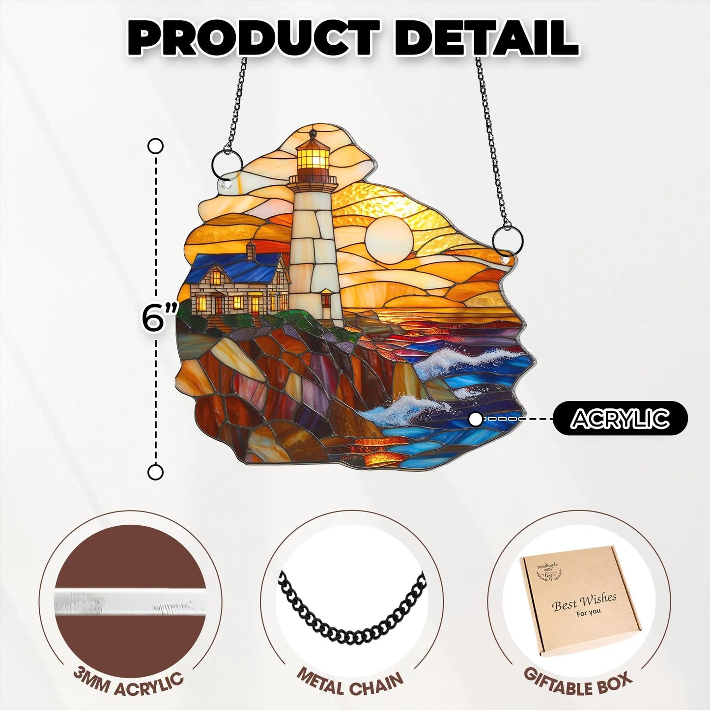 Netecom Coastal Lighthouse Acrylic Suncatcher – Sunset on the Sea, Beach Decor, Nature Lover Gift, Window Hanging for Home Car