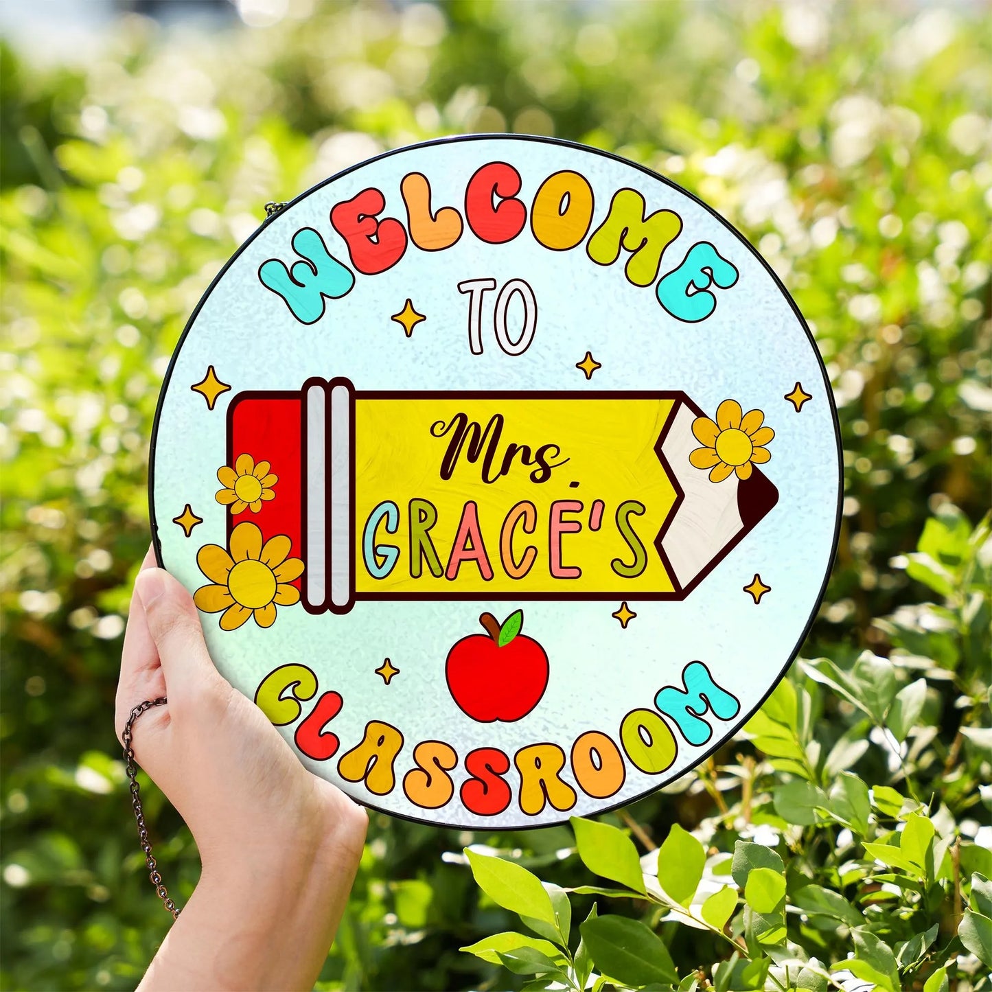 Netecom Personalized Teacher Stained Glass Suncatcher – Custom Teacher Appreciation Gift, Classroom Decor, Back to School Window Hanging