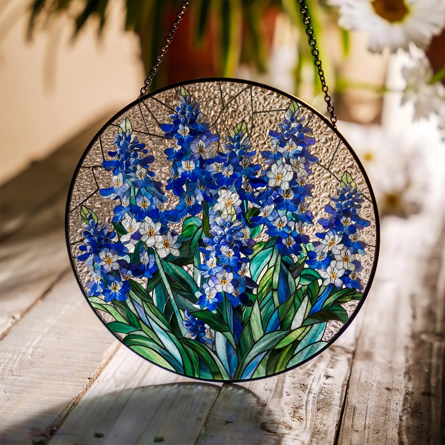 Netecom Blue Wildflower Stained Glass Suncatcher – Round Window Hanging Decor, Floral Sun Catcher Gift for Mom Grandma