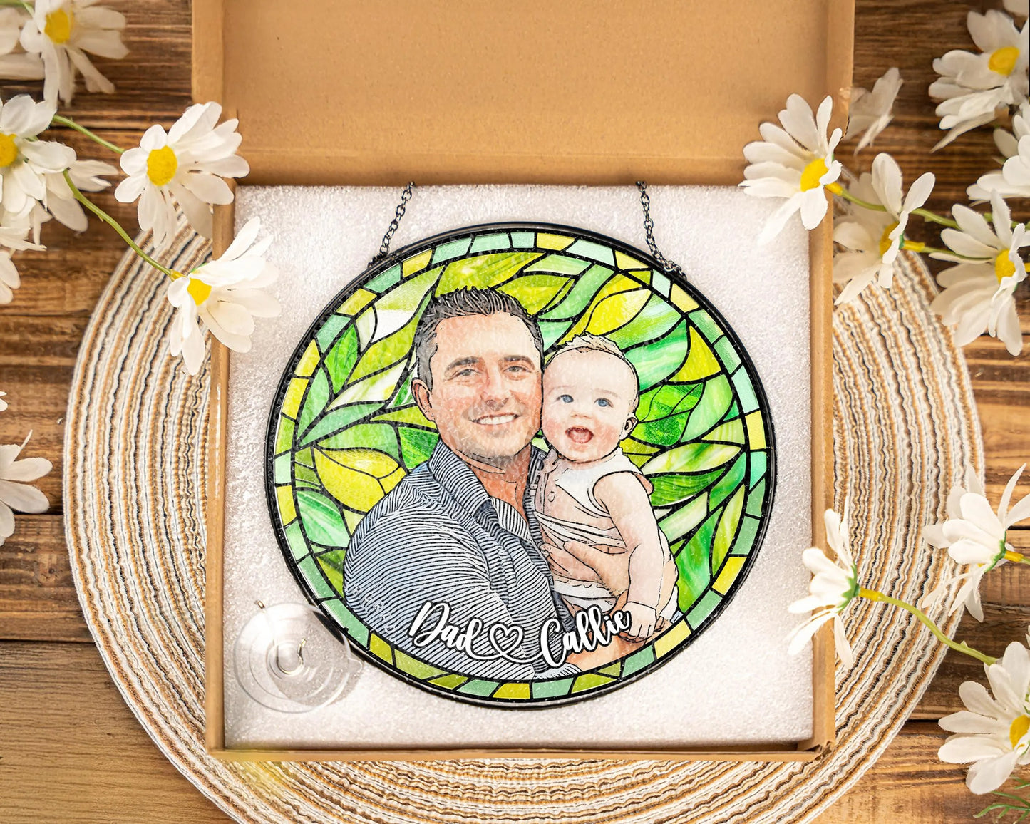Netecom Personalized Family Photo Stained Glass Suncatcher – Custom Family Portrait Window Hanging Gift for Mom Dad Grandma Christmas Couple Portrait