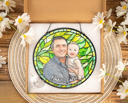 Netecom Personalized Family Photo Stained Glass Suncatcher – Custom Family Portrait Window Hanging Gift for Mom Dad Grandma Christmas Couple Portrait