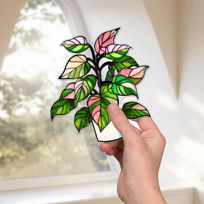 Netecom Philodendron White Princess Starter Plant Acrylic Suncatcher – Faux Stained Glass Window Hanging Decor for Plant Lovers, Rare Live Plant Garden Decor