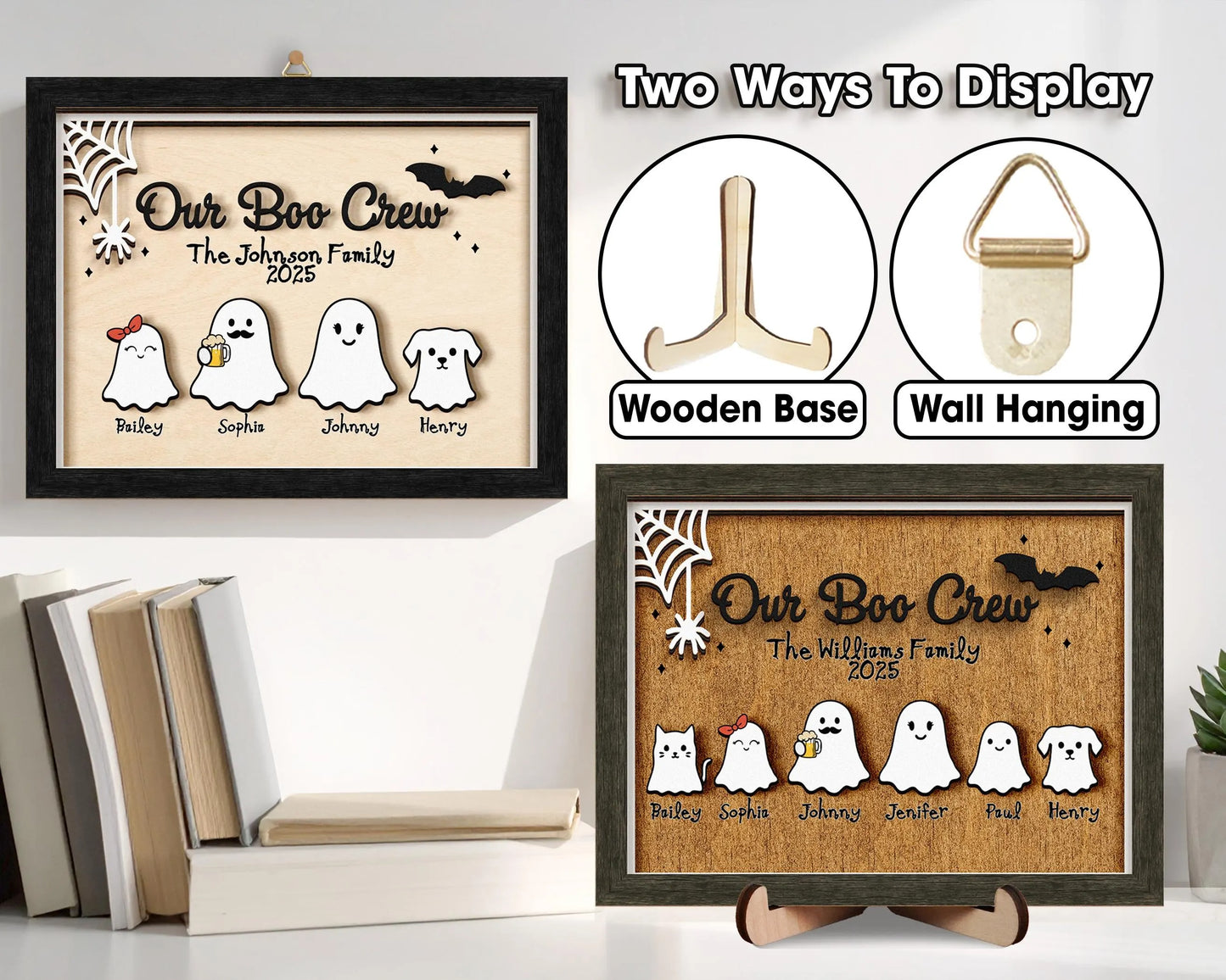 Netecom Personalized Ghost Family Halloween Wood Sign Our Boo Crew Custom Name Decor Spooky Home Wall Art Cute Holiday Keepsake