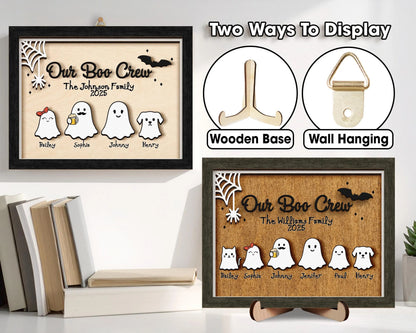 Netecom Personalized Ghost Family Halloween Wood Sign Our Boo Crew Custom Name Decor Spooky Home Wall Art Cute Holiday Keepsake