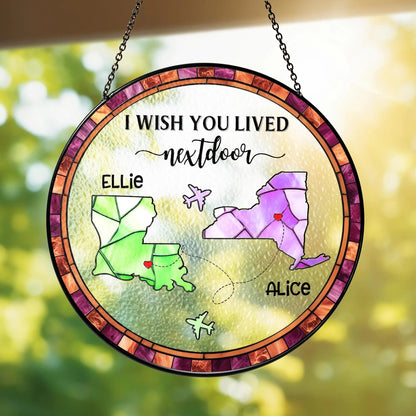 Netecom Personalized Long Distance Friendship Suncatcher – Custom Stained Glass Decor, Best Friend Gift, Sister Keepsake, State to State Connection