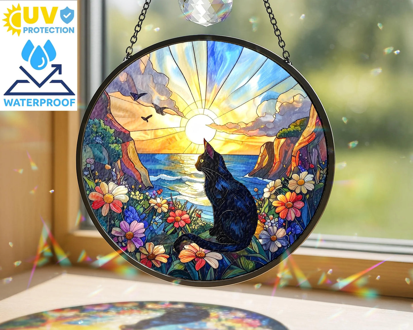 Netecom Memorial Stained Glass Suncatcher, Pet Loss Sympathy Gift, Flower Glass Art Window Hanging, Cat Lover Gift