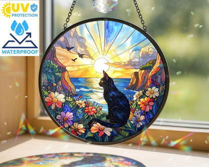Netecom Memorial Stained Glass Suncatcher, Pet Loss Sympathy Gift, Flower Glass Art Window Hanging, Cat Lover Gift