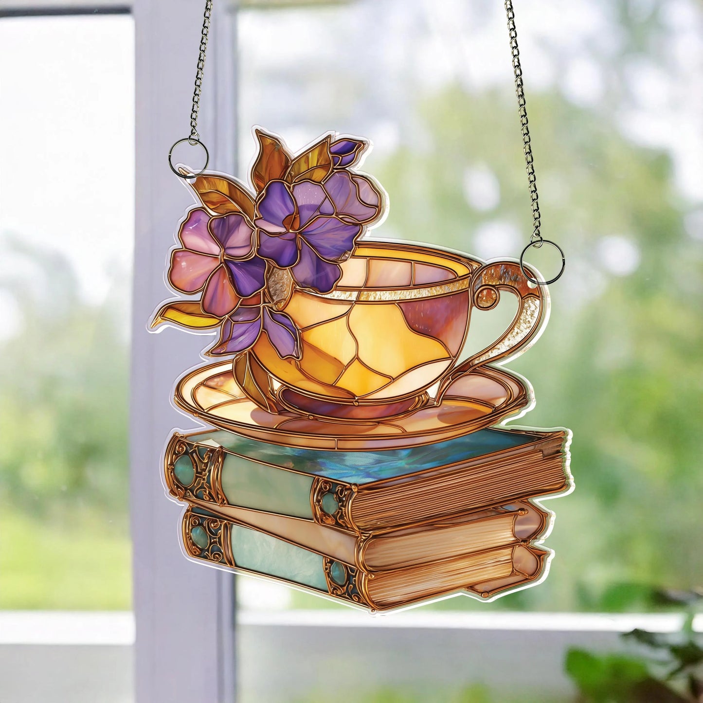 Netecom Floral Teacup & Books Acrylic Suncatcher – Magical Library Window Hanging, Book Lover Gift, Cozy Home Decor for Readers
