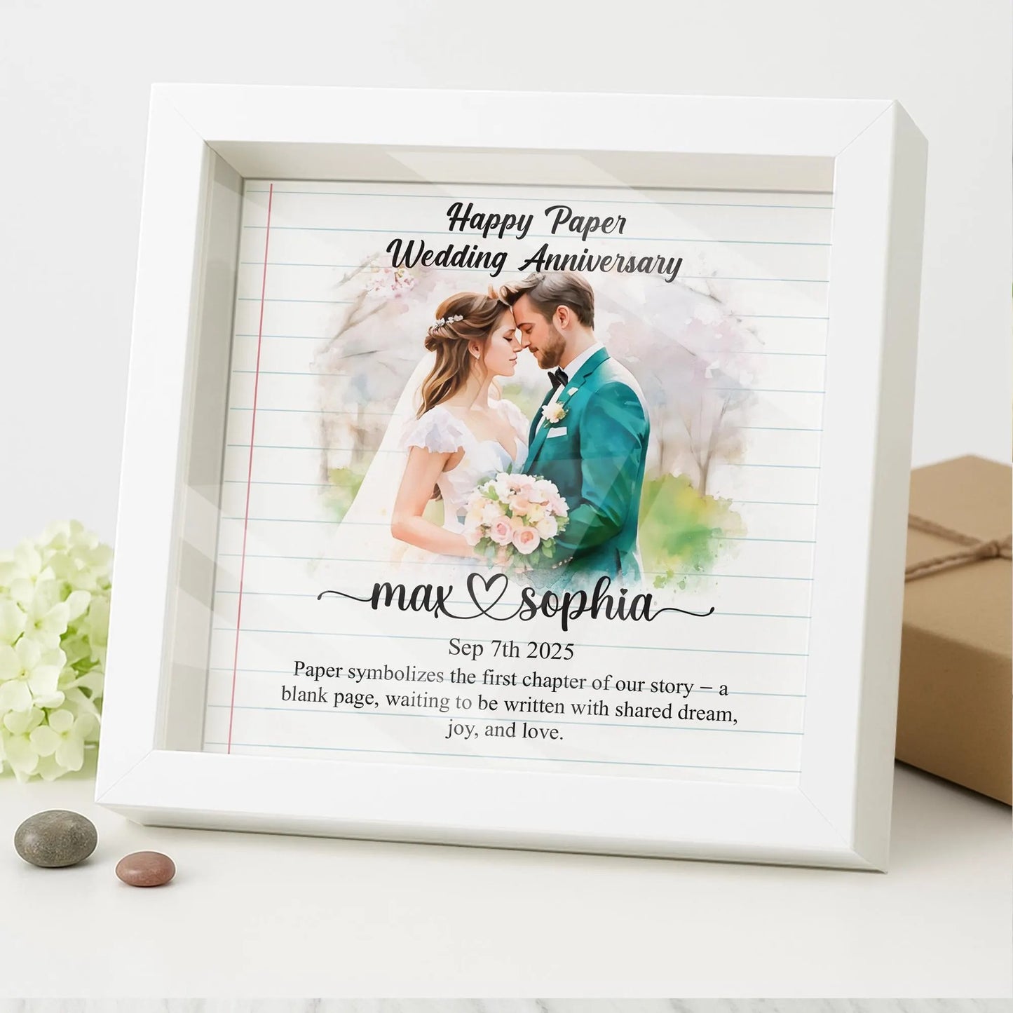 Netecom Personalized Paper Wedding Anniversary Frame, 1st Anniversary Gift for Wife or Husband, Custom Photo Wooden Frame with Names Date Quote, Traditional Paper Anniversary Keepsake