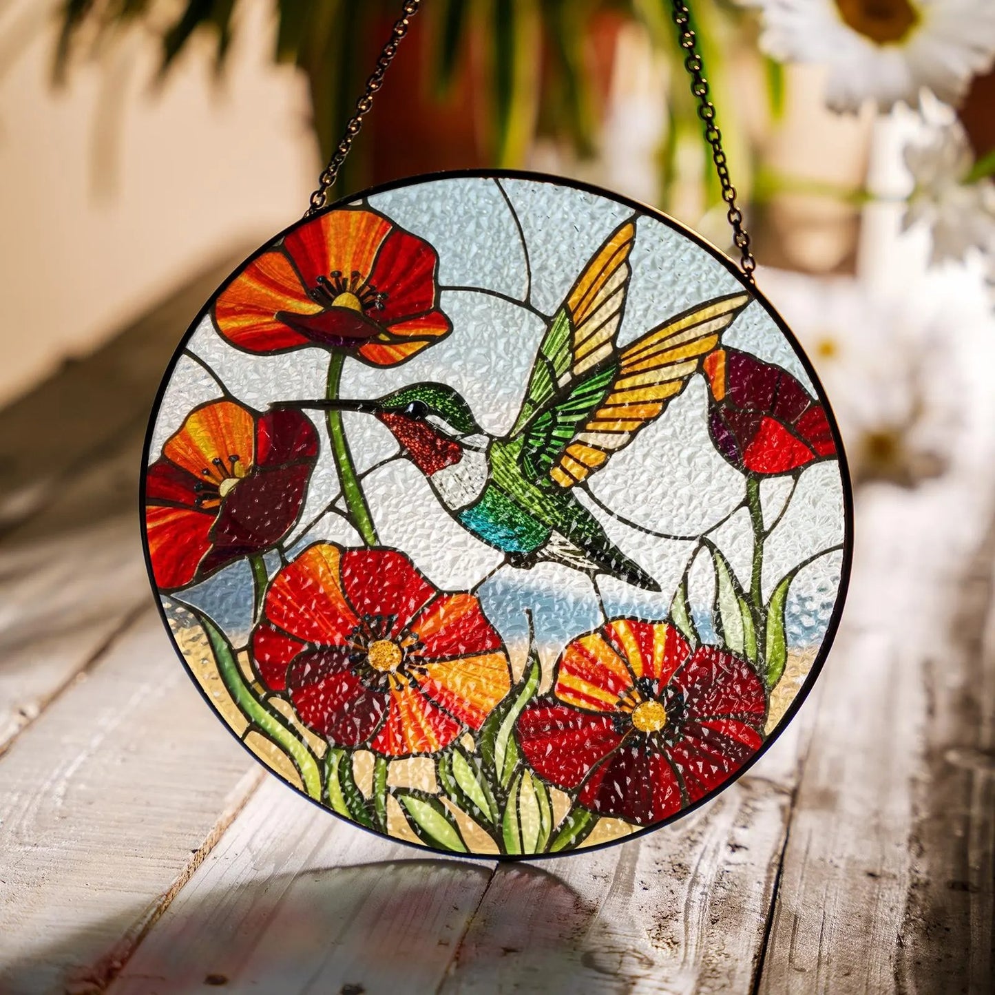 Netecom Hummingbird Poppy Flower Stained Glass Suncatcher – Bird Glass Art, Nature-Inspired Window Hanging, Gift for Hummingbird Lovers