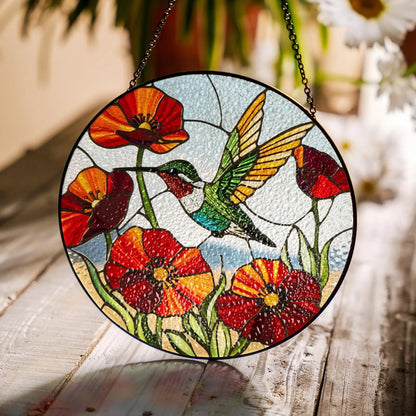 Netecom Hummingbird Poppy Flower Stained Glass Suncatcher – Bird Glass Art, Nature-Inspired Window Hanging, Gift for Hummingbird Lovers