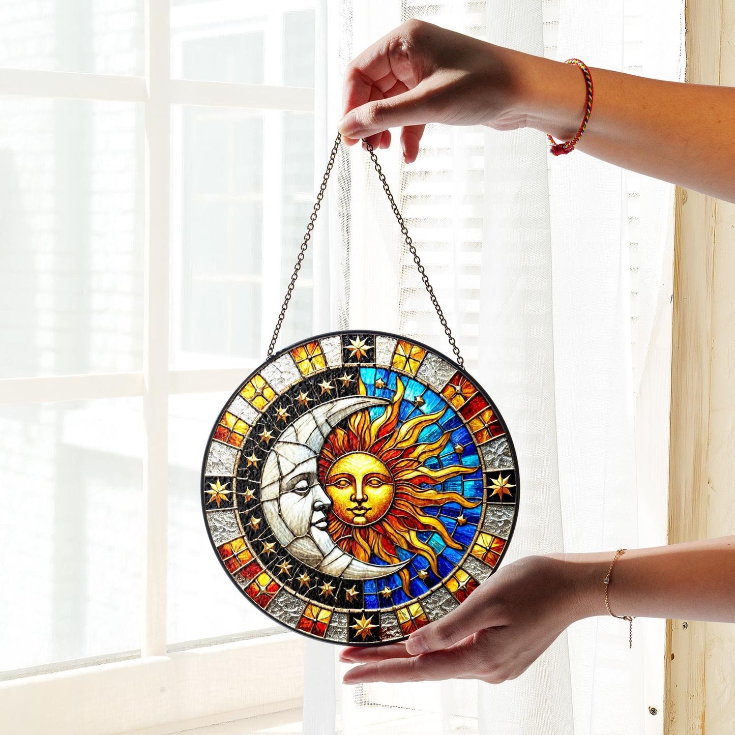 Netecom Celestial Sun & Moon Stained Glass Suncatcher Window Hanging, Night Sky Light Catcher, Starry Cosmic Home Decor Gift