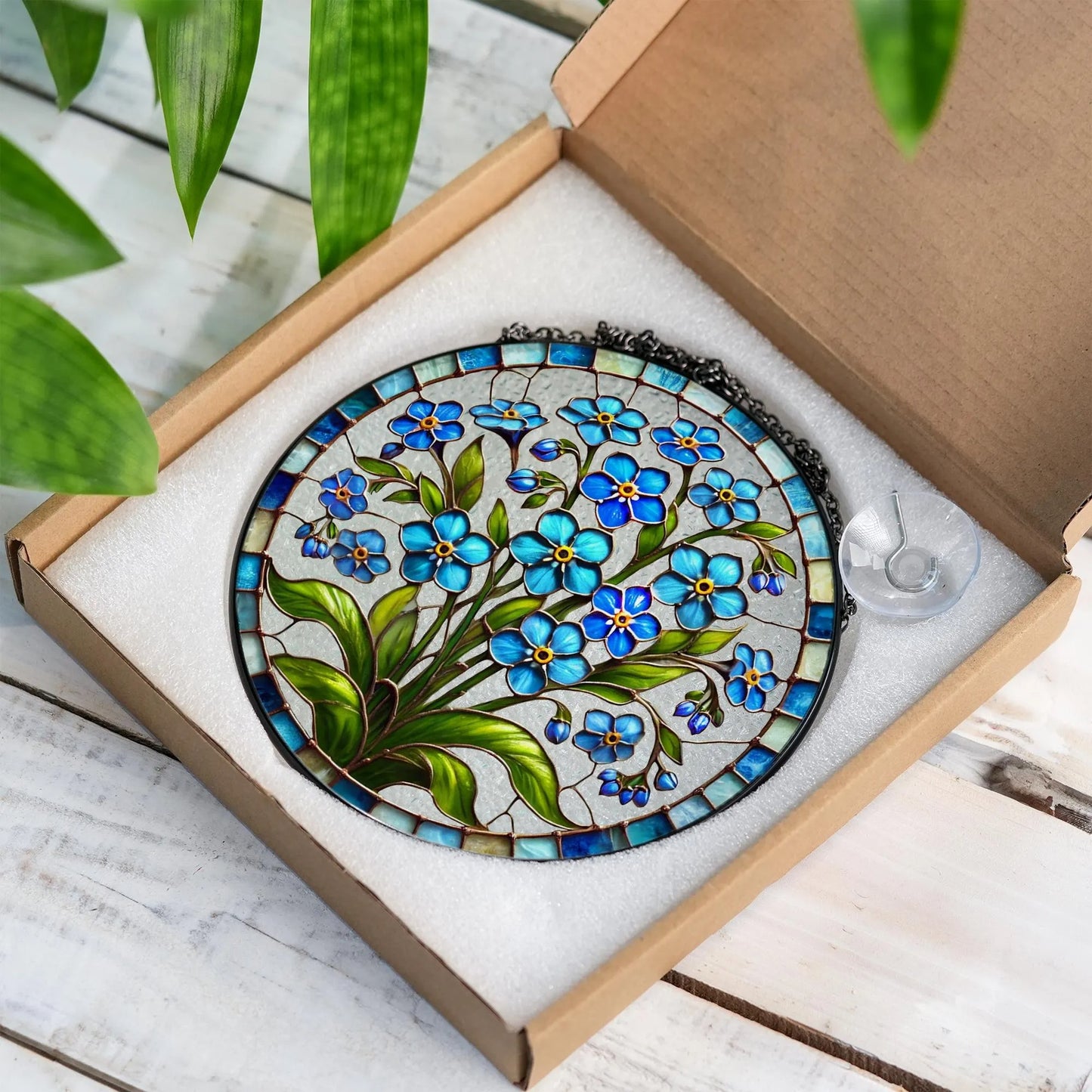 Netecom Forget-Me-Not Stained Glass Suncatcher – Blue Floral Window Hanging, Boho Nature-Inspired Art, Botanical Glass Ornament