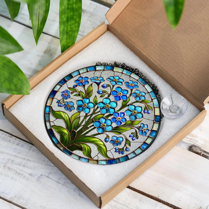 Netecom Forget-Me-Not Stained Glass Suncatcher – Blue Floral Window Hanging, Boho Nature-Inspired Art, Botanical Glass Ornament