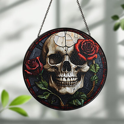 Netecom Gothic Skull Skeleton Stained Glass Suncatcher, Dark Romance Halloween Gift, Spooky Wedding Decor, Unique Anniversary Christmas Gift for Him and Her