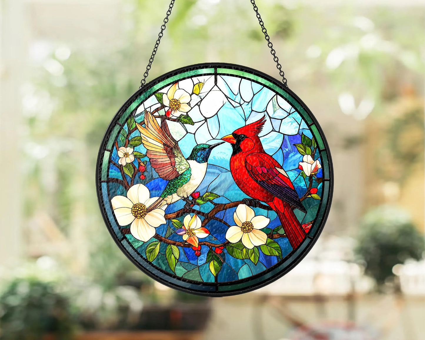 Netecom Cardinal Hummingbird Stained Glass Suncatcher – Window Hanging, Bird Lover Gift, Memorial Suncatcher, Elegant Home Decor, Memorial Gift for Women