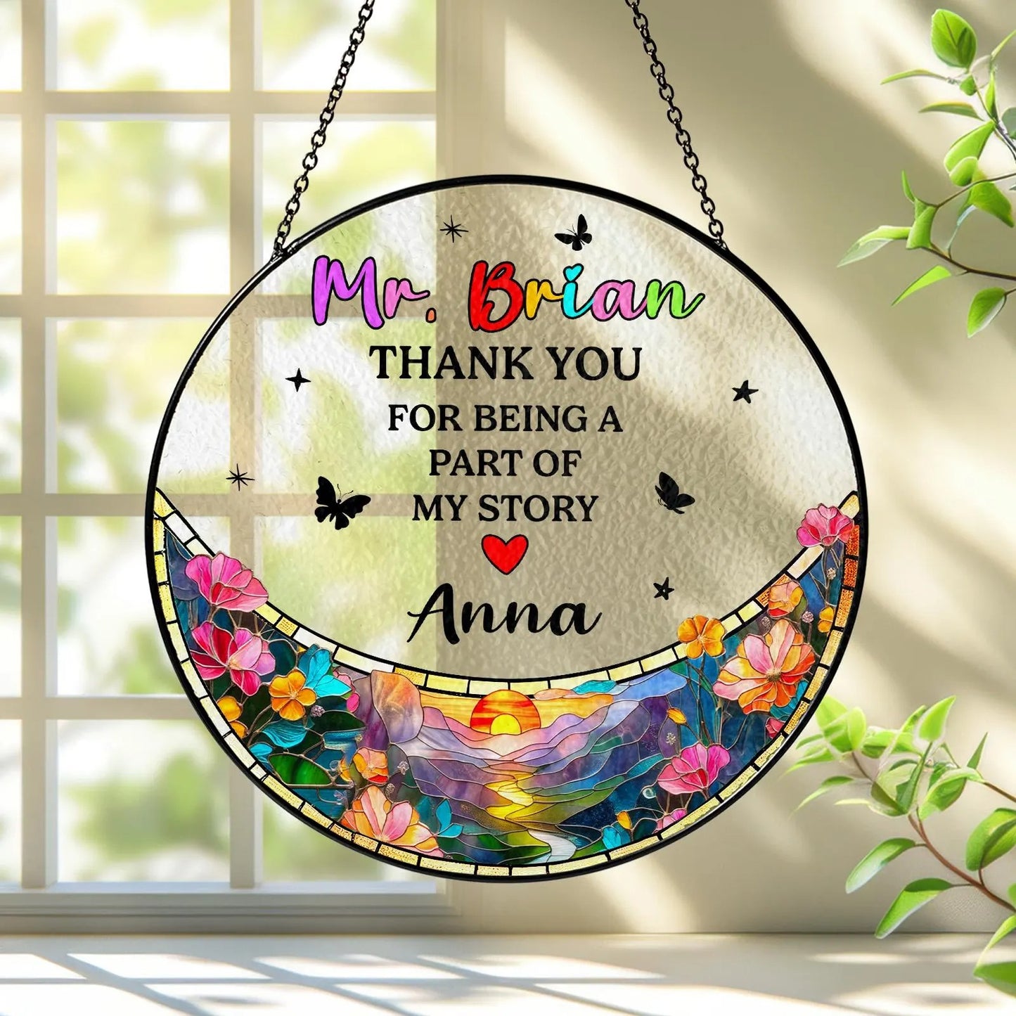 Netecom Thank You Teacher Stained Glass Suncatcher, Personalized Appreciation Gift, Classroom Window Decor, Sunflower Design