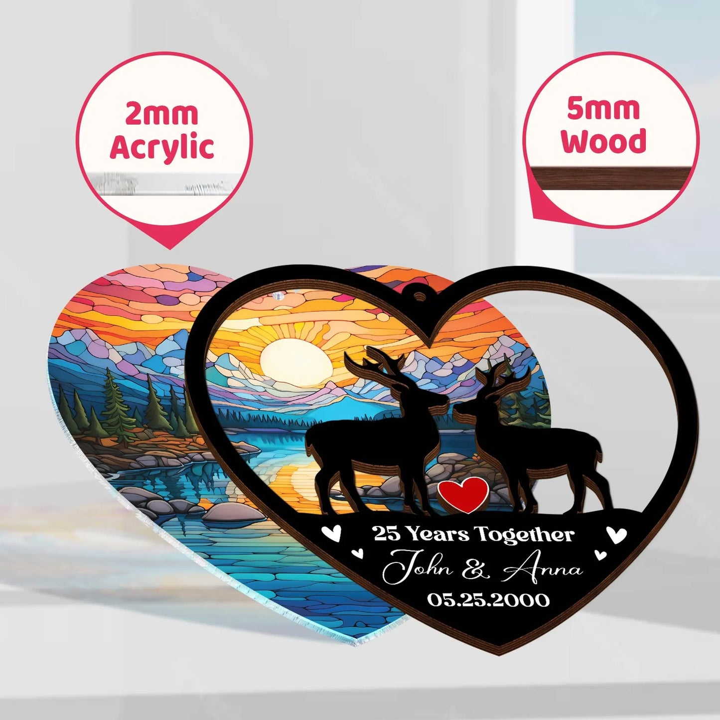 Netecom Wedding Anniversary Suncatcher – 30th Anniversary Couple Gift, Custom Anniversary Keepsake, Deer Couple, Elephant, Penguin Wedding Gift