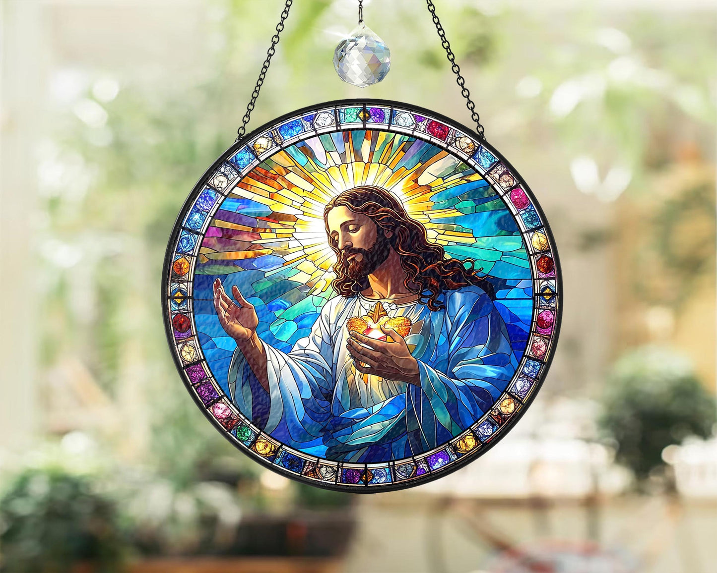Netecom Christian Sacred Heart Stained Glass Art Jesus Window Decor Religious Suncatcher Gift Christmas Ornament