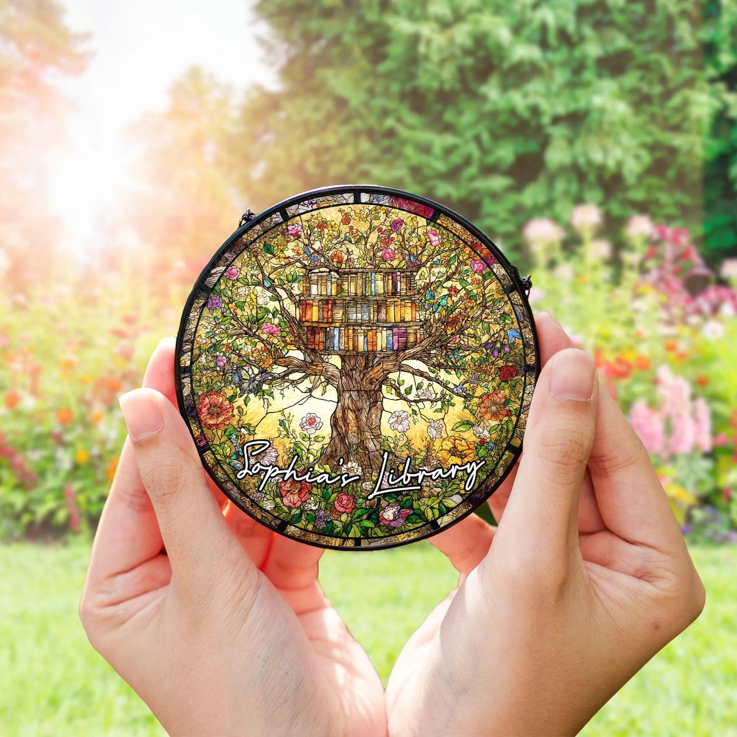 Netecom Flowers Book Stained Glass Suncatcher – Library Books Window Hanging, Bookish Home Decor, Gift for Book Lovers, Tree of Knowledge Ornament