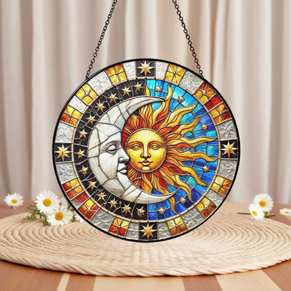 Netecom Celestial Sun & Moon Stained Glass Suncatcher Window Hanging, Night Sky Light Catcher, Starry Cosmic Home Decor Gift