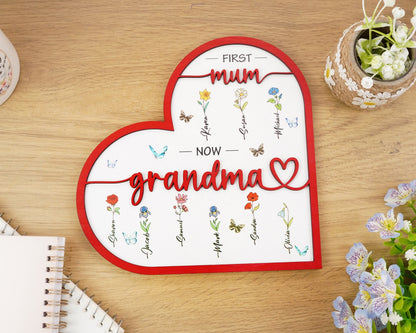 Netecom Personalized Birth Month Flowers Sign Custom Mother's Day Gift for Mom & Nana First Mom Now Grandma Heart Wooden Sign Custom Family Gift